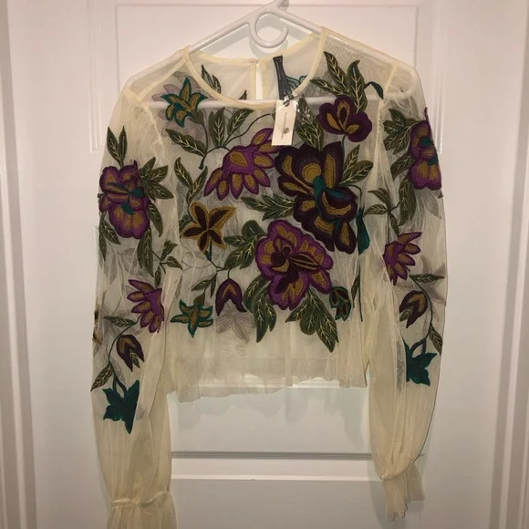 New Anthropologie The Layla Long-Sleeve Applique Embroidered Mesh Blouse sz M - Picture 5 of 8